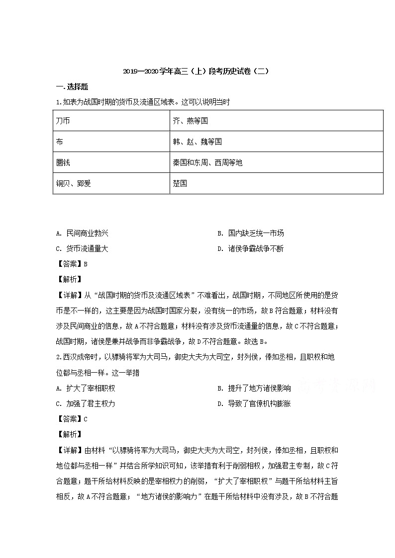 河南省天一大联考2020届高三上学期阶段考试历史试题（二）01