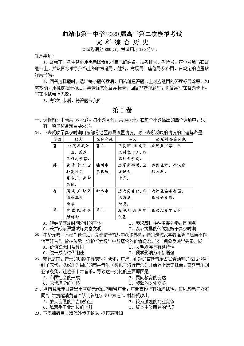 云南省曲靖市第一中学2020届高三模拟考试历史试题01
