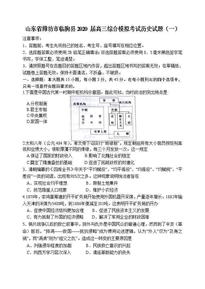山东省潍坊市临朐县2020届高三下学期综合模拟考试历史试题（一）01