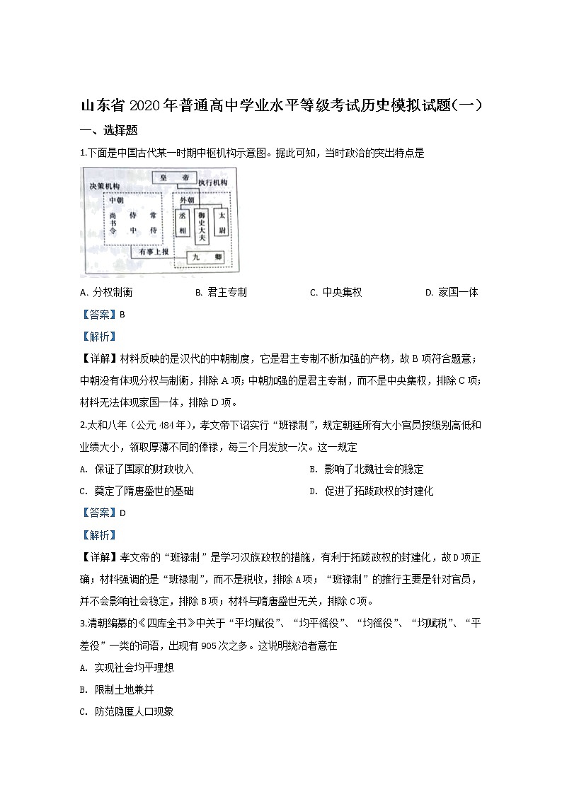 山东省潍坊市临朐县2020届高三综合模拟考试历史试题（一）01