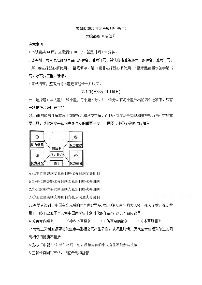 陕西省咸阳市2020届高三高考模拟检测检测（二） 历史01