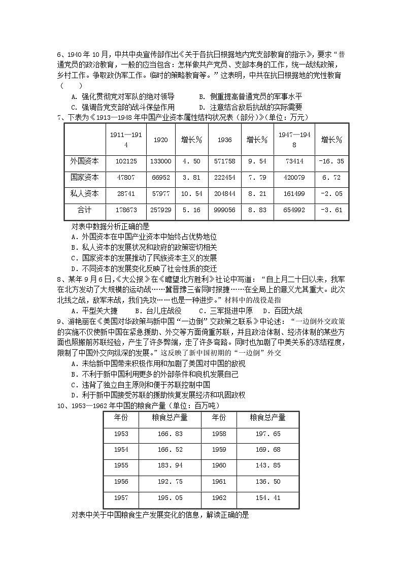 山东省临朐县实验中学2020届高三第一次模拟考试历史试卷02