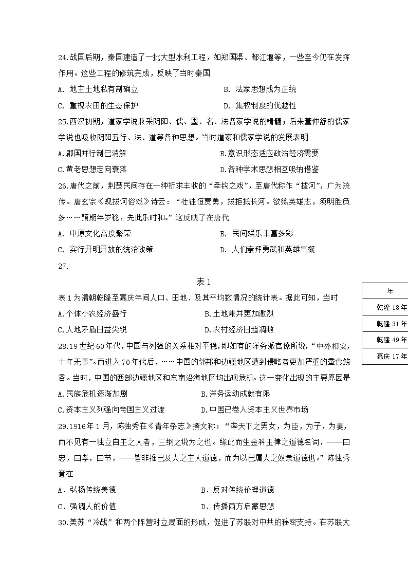 黑龙江省大庆第一中学2020届高三第三次模拟文综-历史试题第1页
