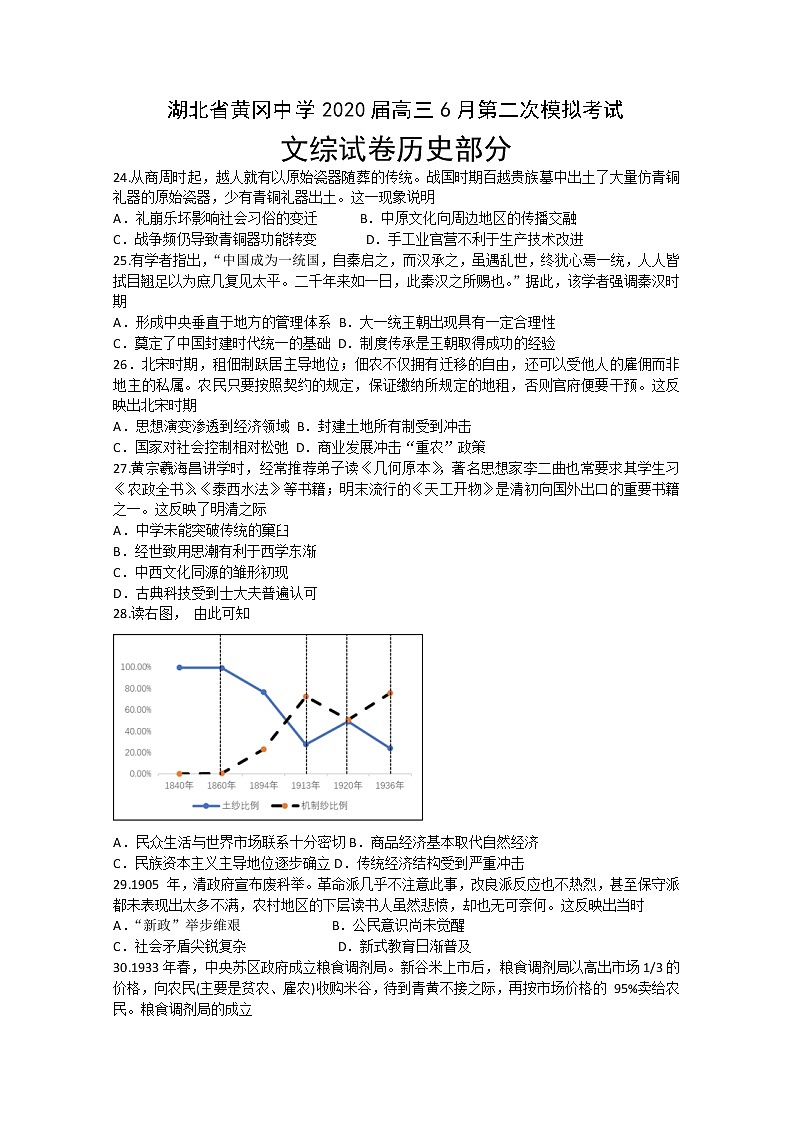 湖北省黄冈中学2020届高三6月模拟考试文科综合历史试题01