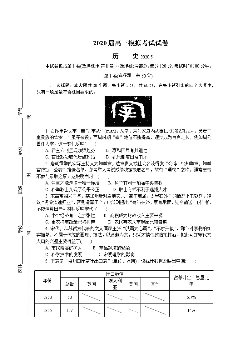 江苏省南通市2020届高三第二次模拟考试（5月） 历史01
