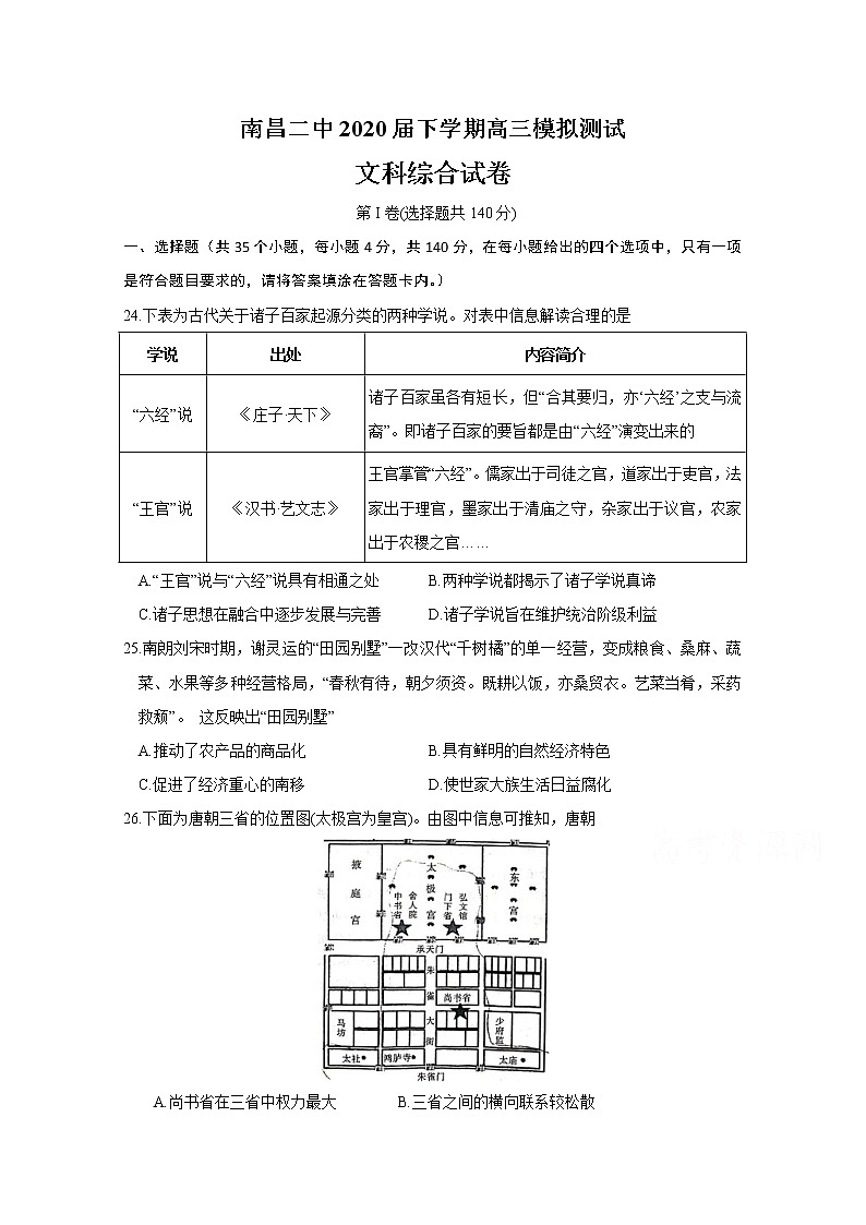 江西省南昌市第二中学2020届高三5月模拟历史试题第1页