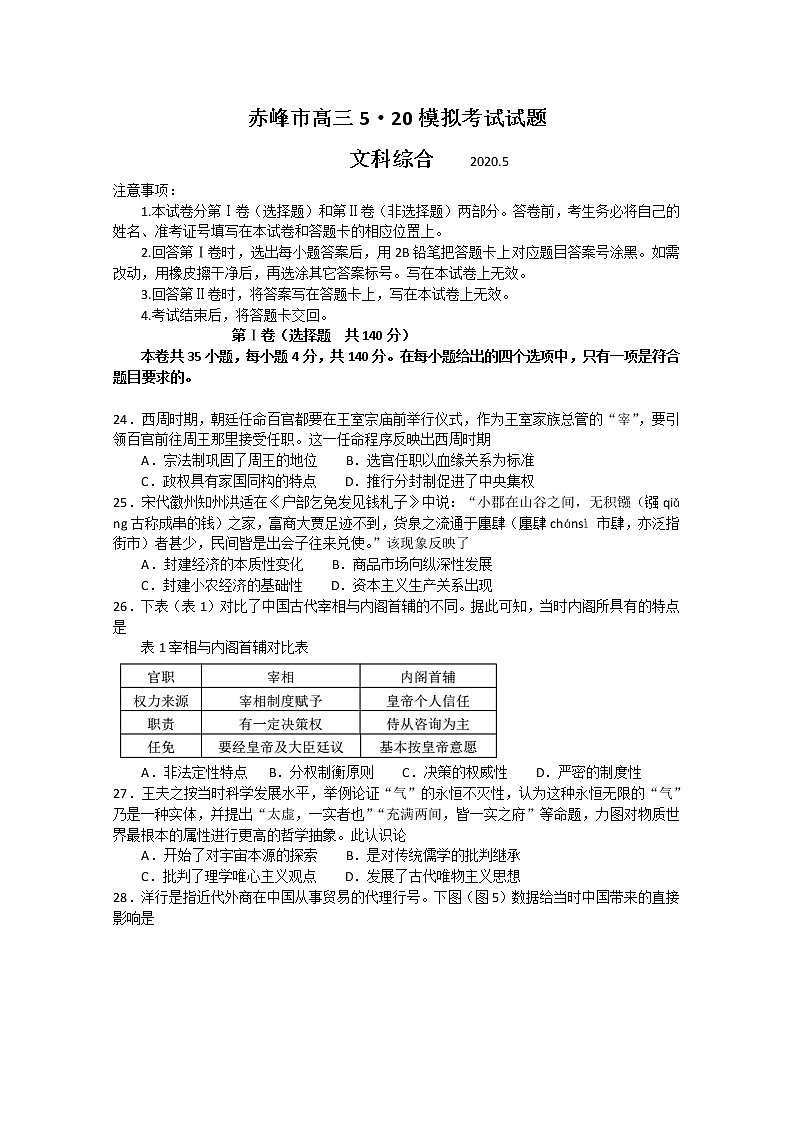 内蒙古赤峰市2020届高三5.20模拟考试文综历史试题01