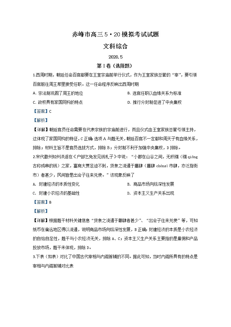 内蒙古赤峰市2020届高三5月模拟考试历史试题01