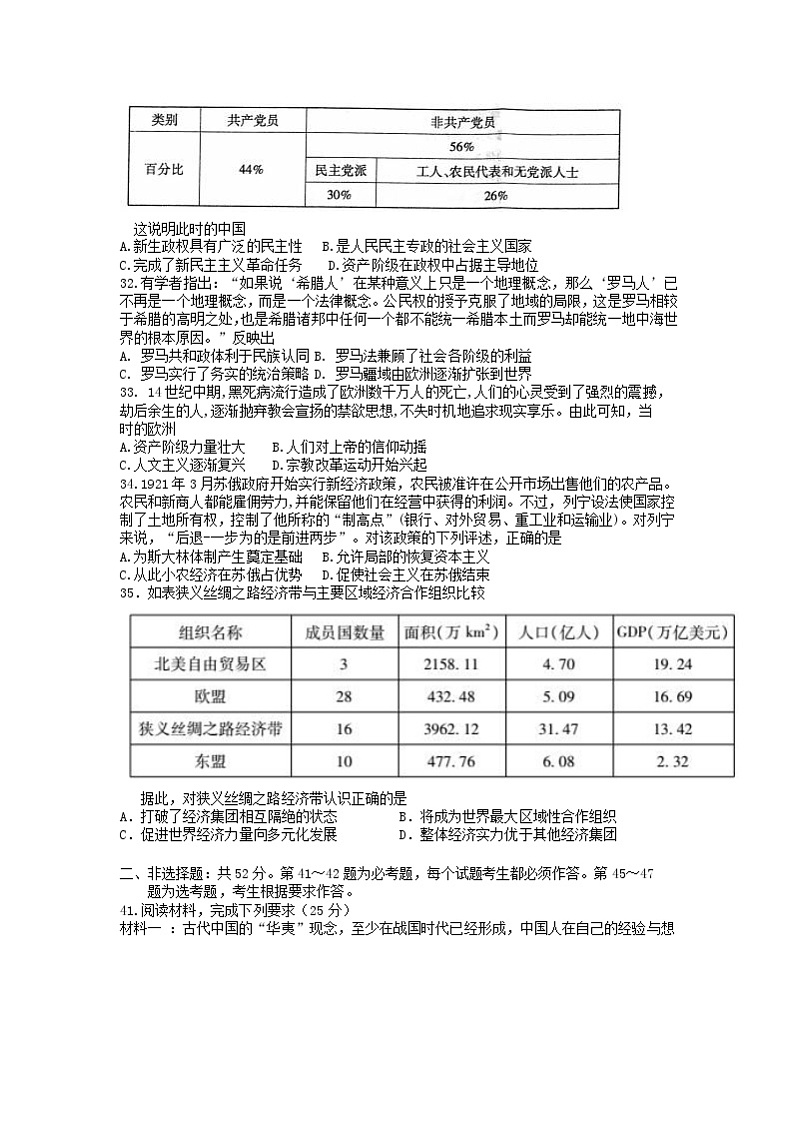 安徽省蚌埠市教师2020届高三仿真模拟历史试题（蚌埠二中4）02