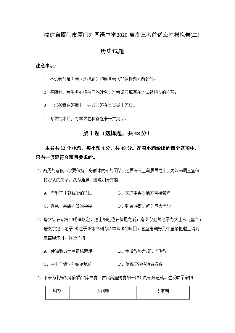 福建省厦门市厦门外国语中学2020届高三考前适应性模拟卷历史试题（二）01