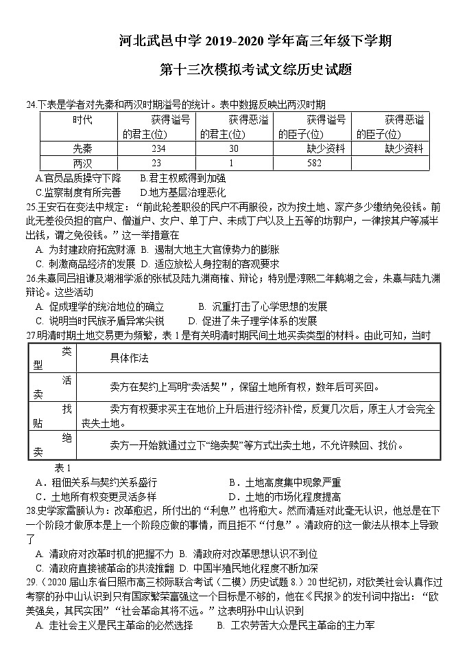 河北省武邑中学2020届高三下学期第十三次冲刺模拟考试文综历史试题01