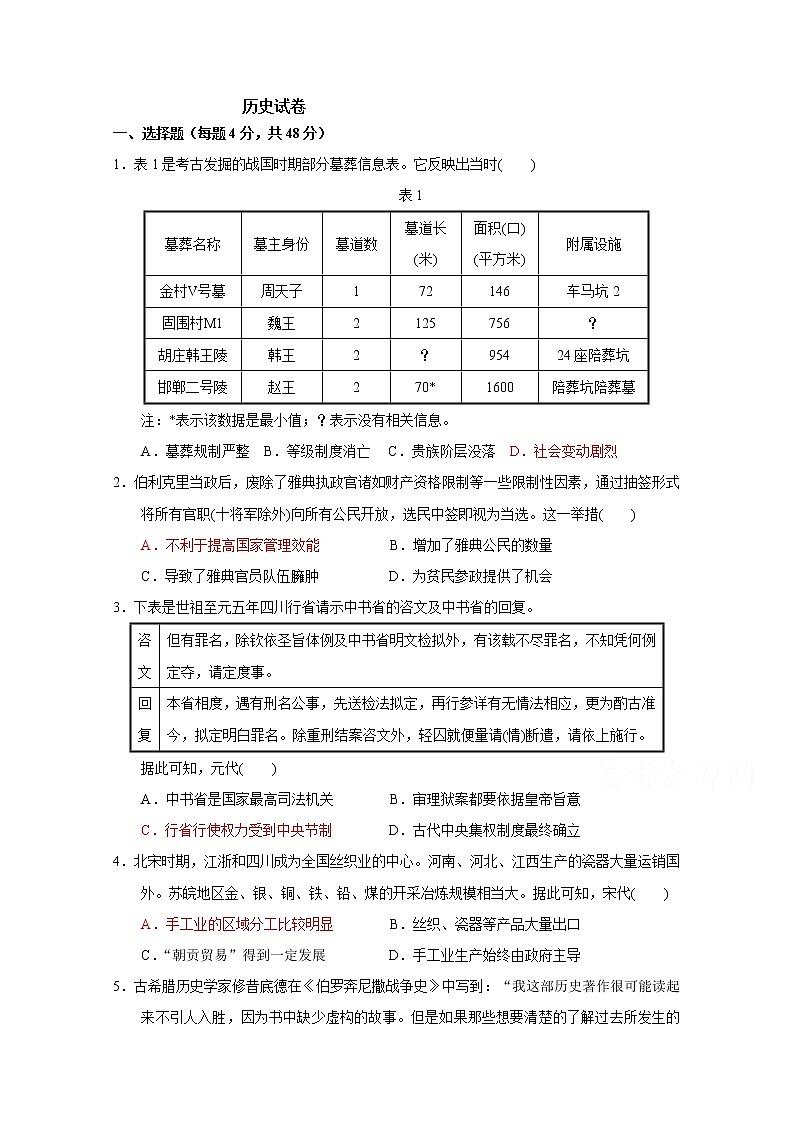 河南省三门峡市外国语高级中学2020届高三模拟（四）考试历史试卷01
