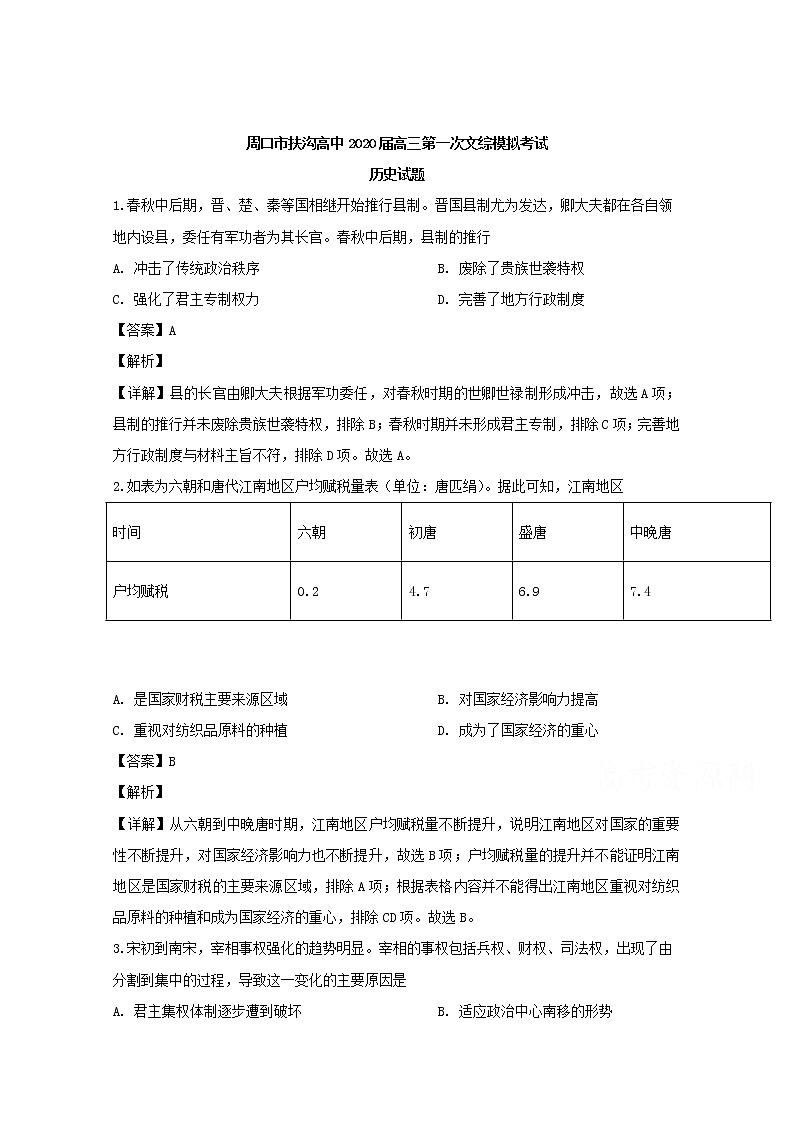 河南省周口市扶沟高中2020届高三上学期第一次模拟考试文综历史试题第1页