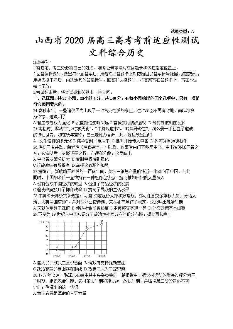 山西省2020届高三高考考前适应性测试历史试题（A卷）01