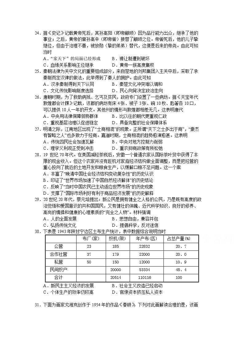 2020年普通高等学校招生全国统一考试适应性考试（一）文综-历史试题第1页