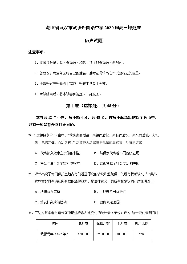 湖北省武汉市武汉外国语中学2020届高三押题卷历史试题第1页
