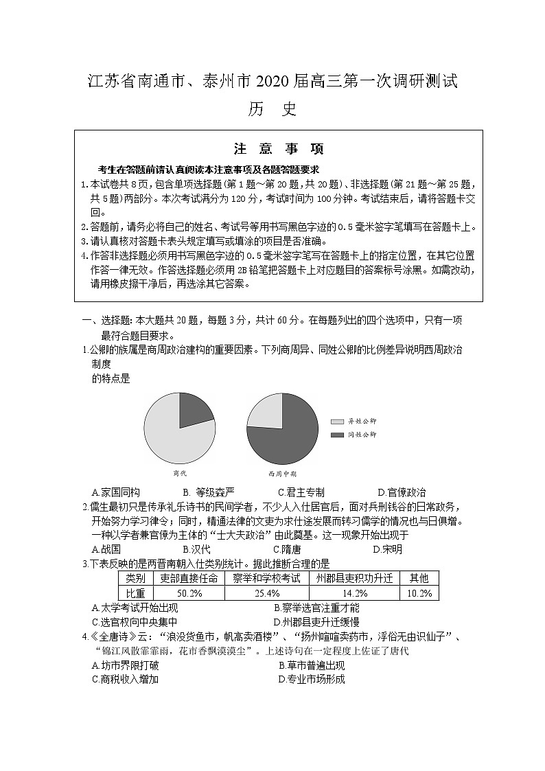 江苏省南通市泰州市2020届高三第一次调研测试历史试题01