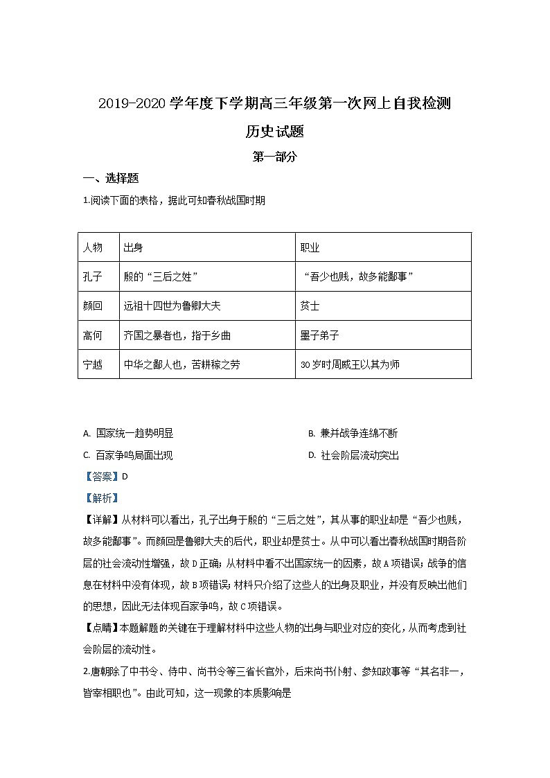 陕西省渭南市咸林中学2020届高三下学期第一次网上自我检测历史试题01