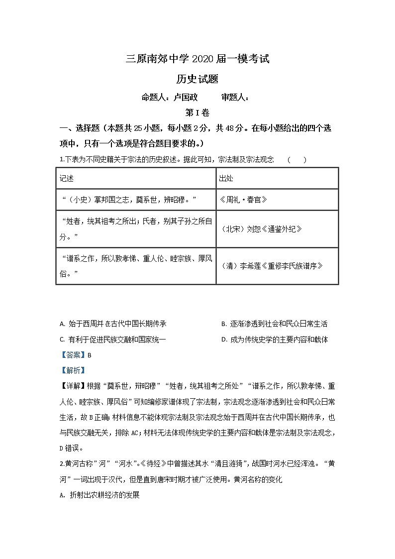 陕西省咸阳市三原县南郊中学2020届高三上学期一模考试历史试题01