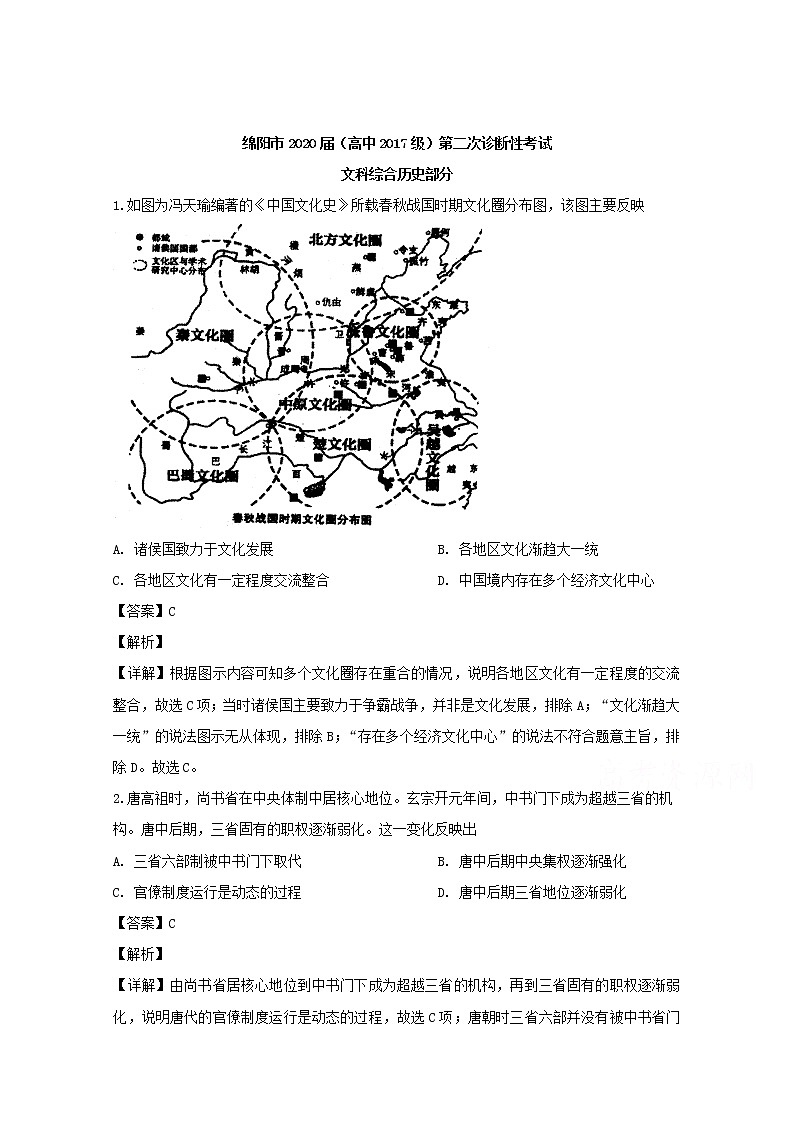 四川省绵阳市2020届高三上学期诊断性考试文综历史试题01