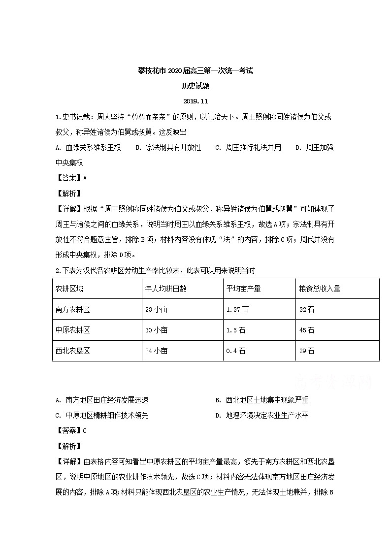 四川省攀枝花市2020届高三上学期第一次统考历史试题第1页