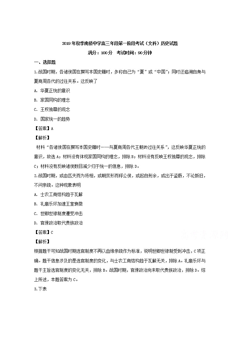 福建省泉州市晋江市南侨中学2020届高三上学期第一次阶段考历史试题01
