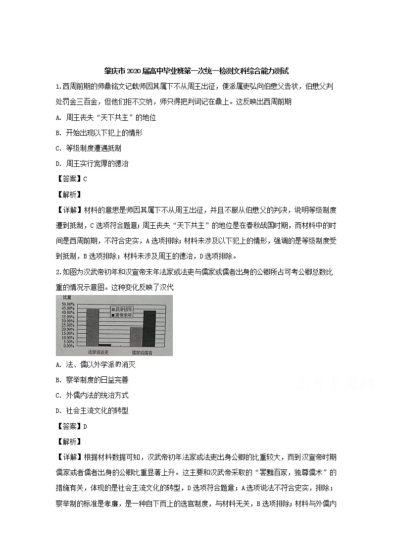 广东省肇庆市2020届高三上学期第一次统一检测文科综合历史试题01