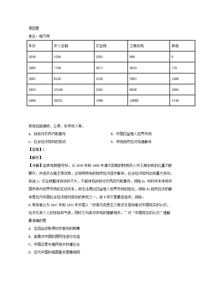 湖北省荆州市2020届高三上学期质量检查（I）文综历史试题03