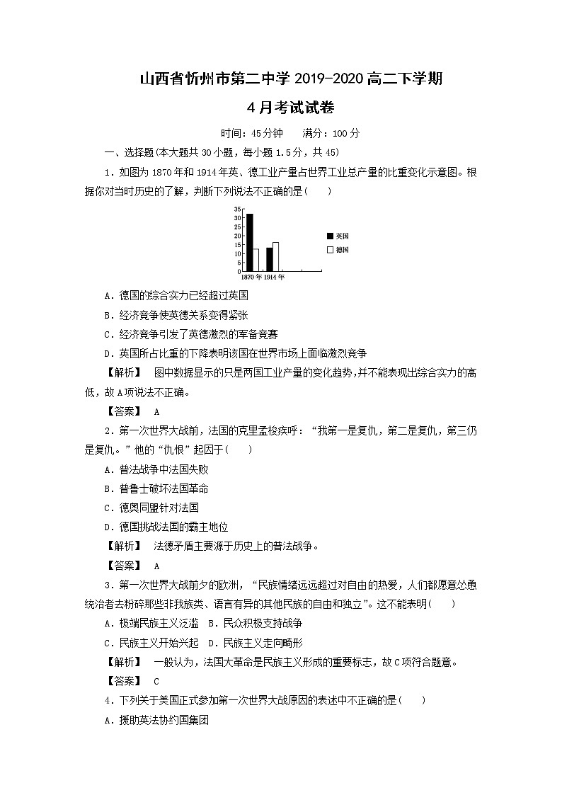 【历史】山西省忻州市第二中学2019-2020高二下学期4月考试试卷（解析版）01