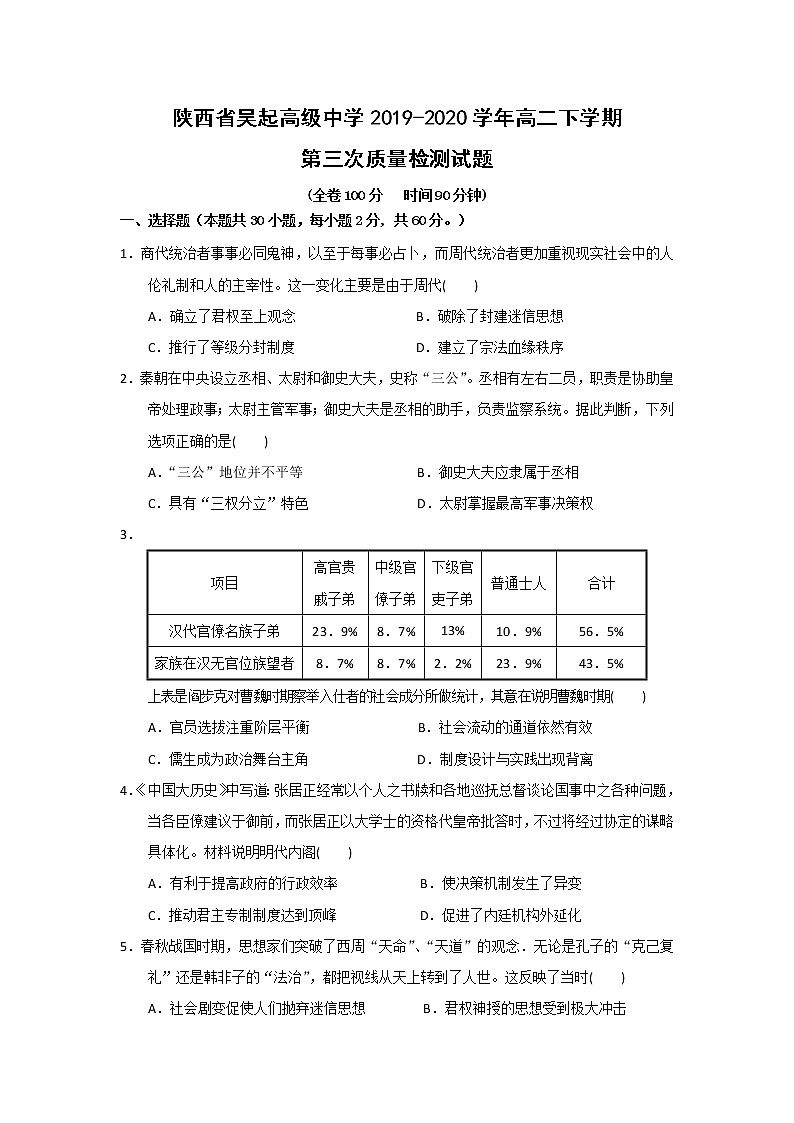 【历史】陕西省吴起高级中学2019-2020学年高二下学期第三次质量检测试题（解析版）01