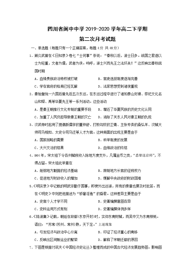 【历史】四川省阆中中学2019-2020学年高二下学期第二次月考试题（解析版）01