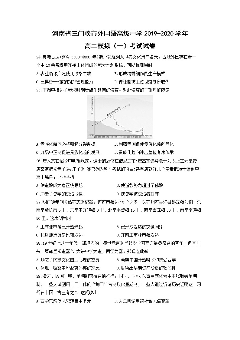 【历史】河南省三门峡市外国语高级中学2019-2020学年高二模拟（一）考试试卷（解析版）01
