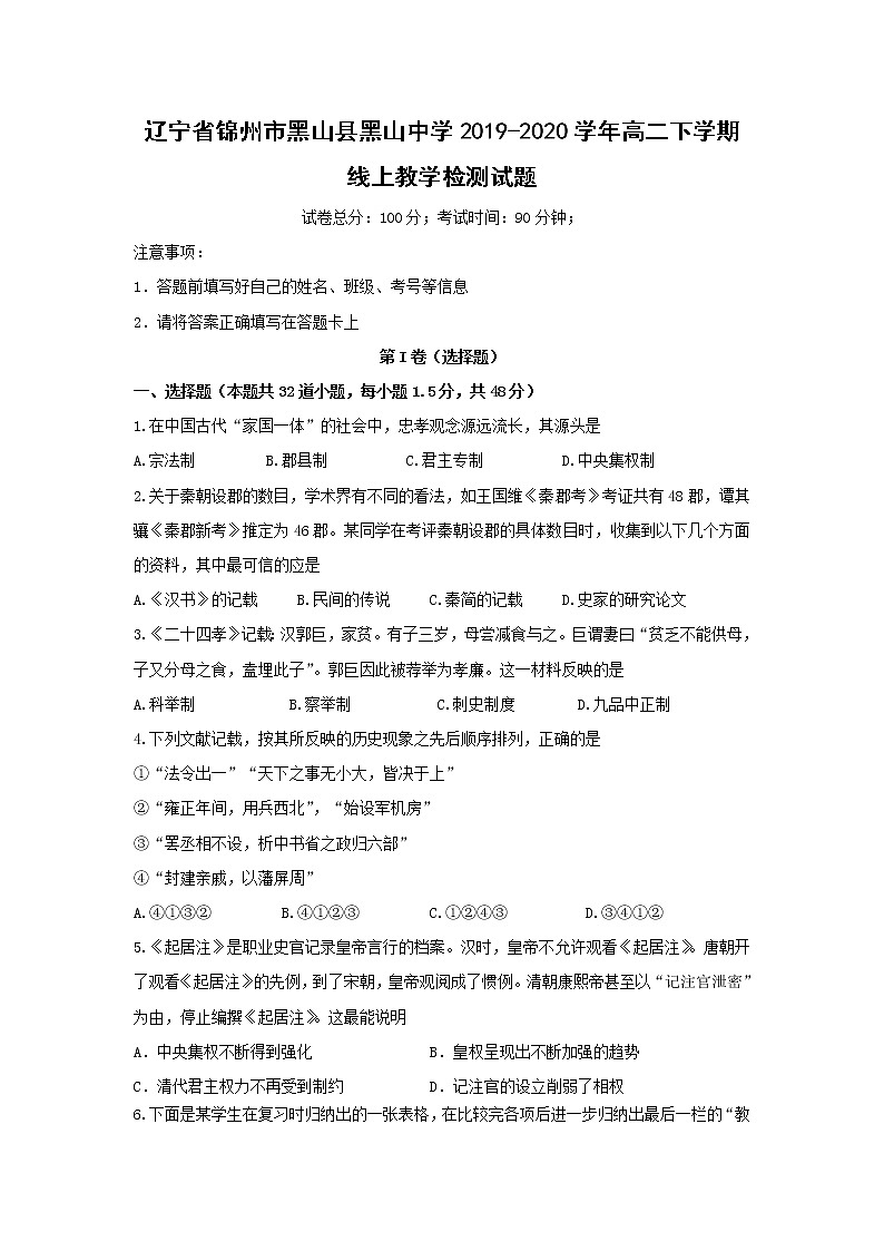 【历史】辽宁省锦州市黑山县黑山中学2019-2020学年高二下学期线上教学检测试题01