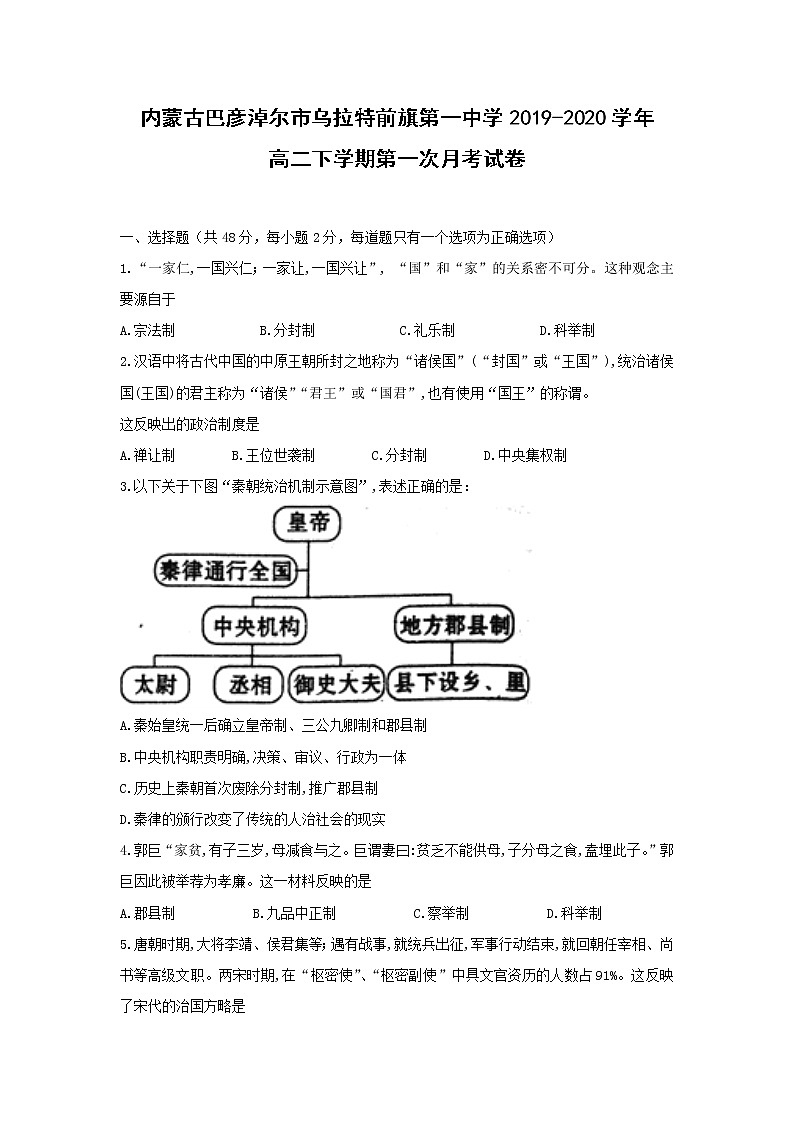 【历史】内蒙古巴彦淖尔市乌拉特前旗第一中学2019-2020学年高二下学期第一次月考试卷01