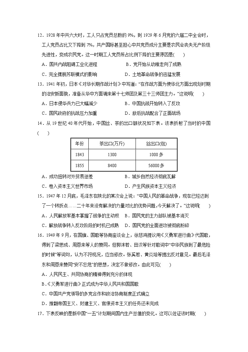 【历史】安徽省亳州市涡阳县育萃中学2019-2020学年高二下学期第一次月考试卷03