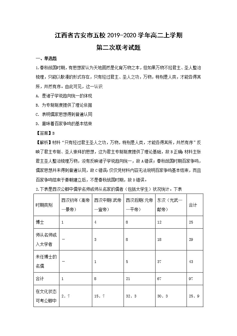 【历史】江西省吉安市五校2019-2020学年高二上学期第二次联考试题（解析版）01