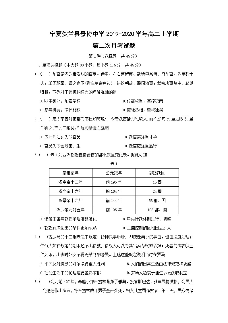 【历史】宁夏贺兰县景博中学2019-2020学年高二上学期第二次月考试题01