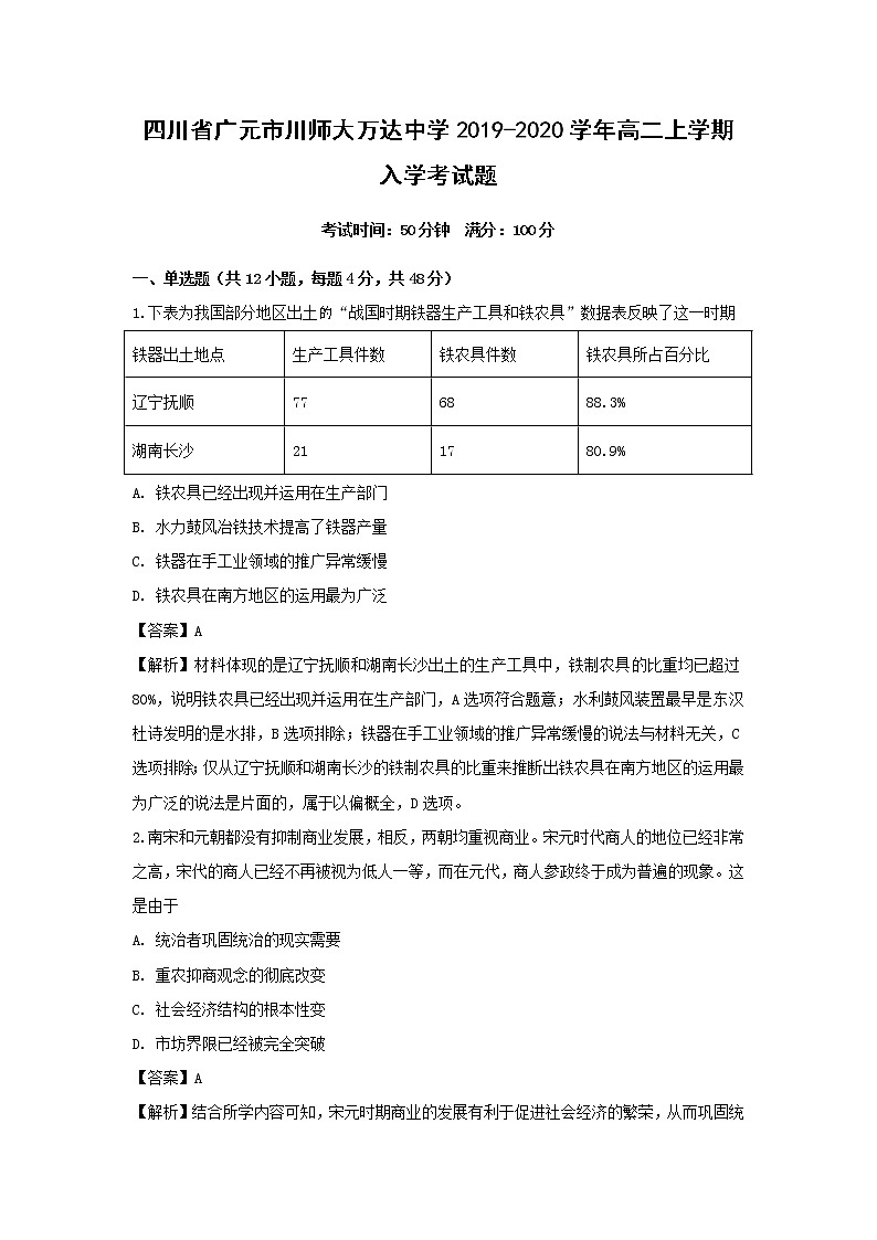 【历史】四川省广元市川师大万达中学2019-2020学年高二上学期入学考试题（解析版）01