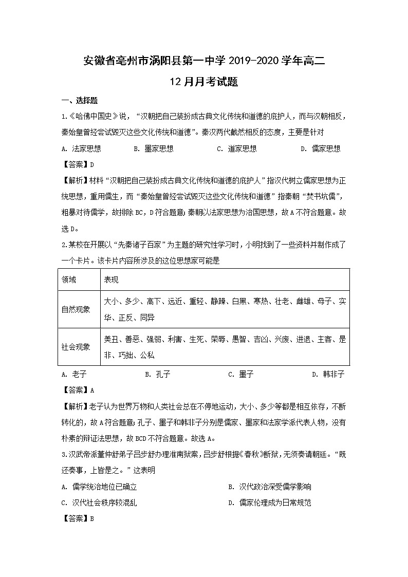【历史】安徽省亳州市涡阳县第一中学2019-2020学年高二12月月考试题（解析版）01