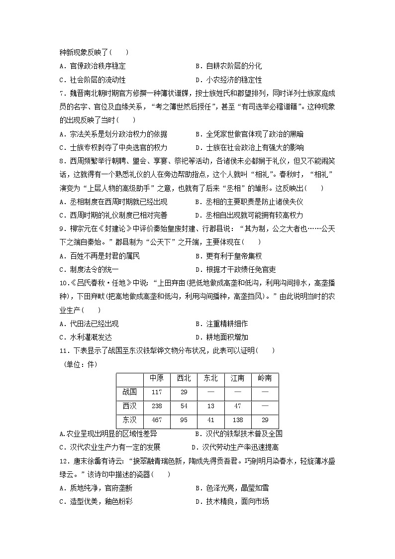 【历史】黑龙江省2019-2020学年高二上学期月考（三）试卷02