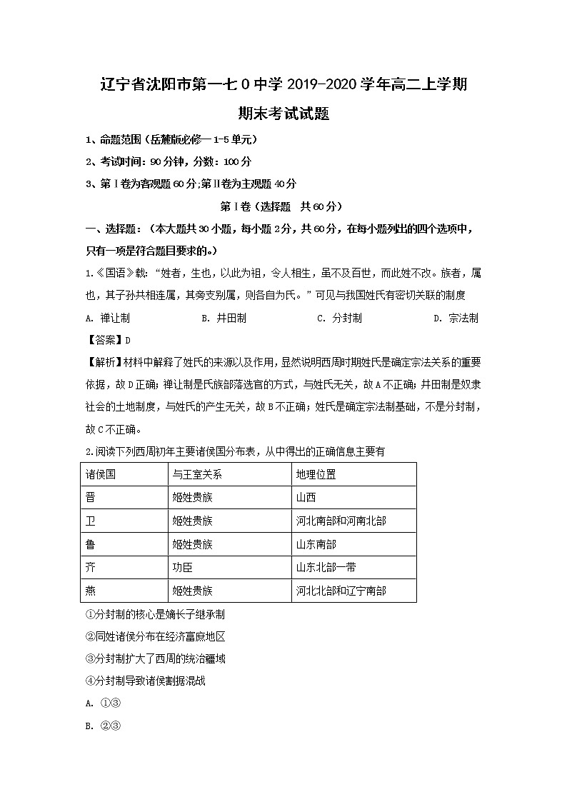 【历史】辽宁省沈阳市第一七O中学2019-2020学年高二上学期期末考试试题（解析版）01