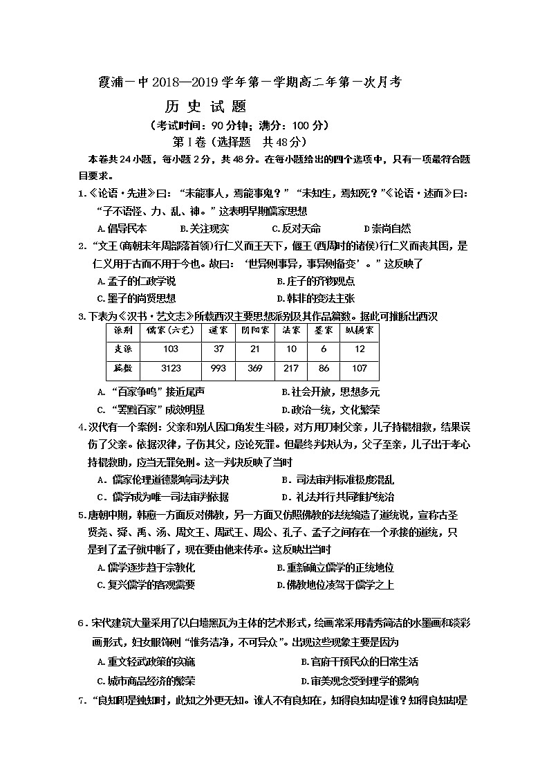 2018-2019学年福建省霞浦第一中学高二上学期第一次月考历史试题 Word版01