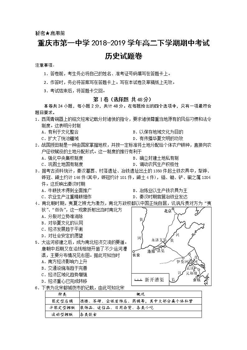 2018-2019学年重庆市第一中学高二下学期期中考试 历史 Word版第1页