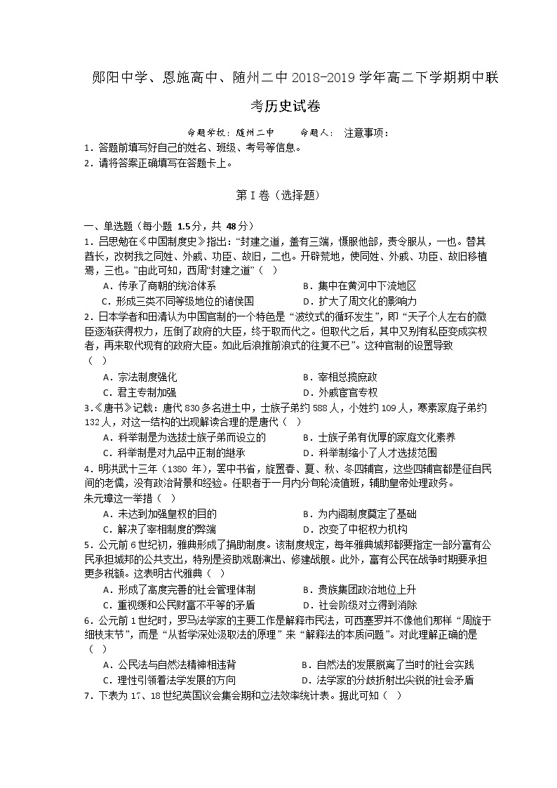 2018-2019学年湖北省郧阳中学、恩施高中、随州二中三校高二下学期期中考试历史试题（Word版）01