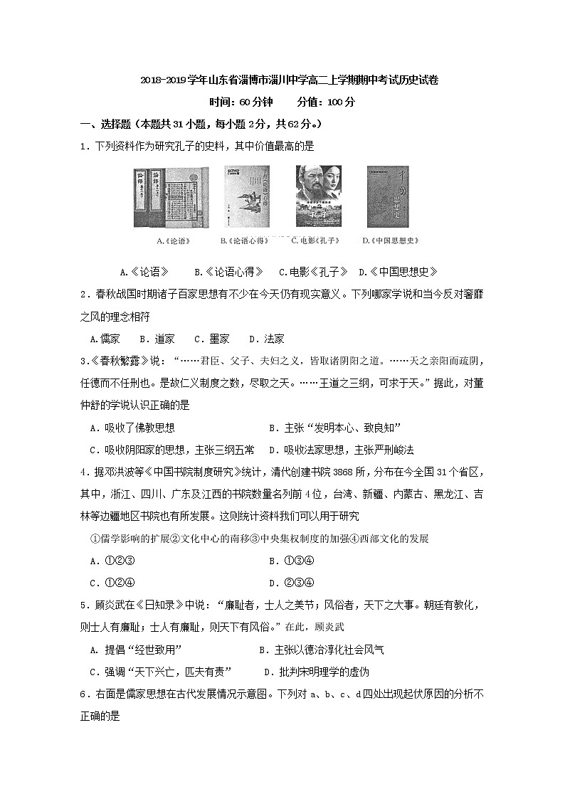 2018-2019学年山东省淄博市淄川中学高二上学期期中考试历史试题 Word版01