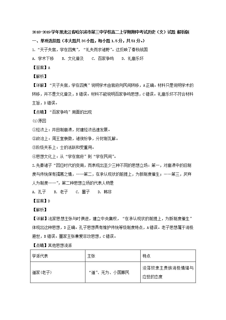 2018-2019学年黑龙江省哈尔滨市第三中学校高二上学期期中考试历史（文）试题 解析版01