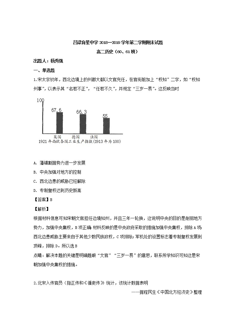2018-2019学年山西省吕梁育星中学高二下学期期末考试历史试题 解析版第1页