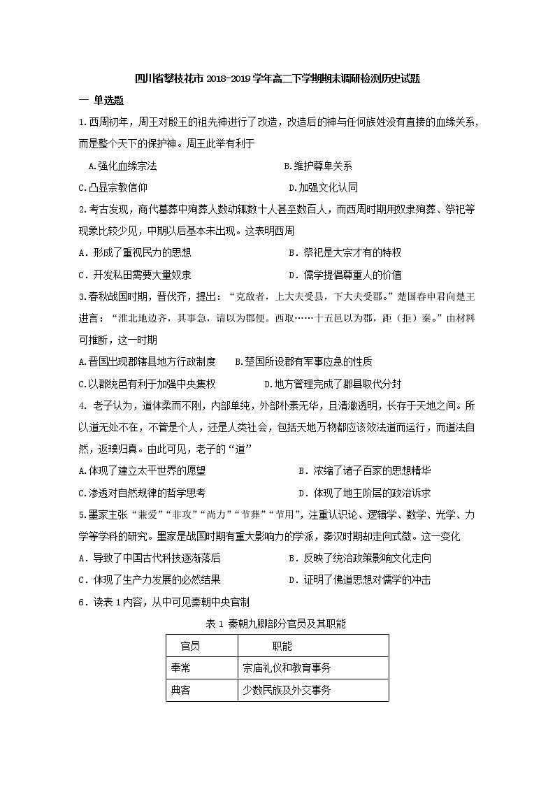 2018-2019学年四川省攀枝花市高二下学期期末调研检测历史试题 word版第1页