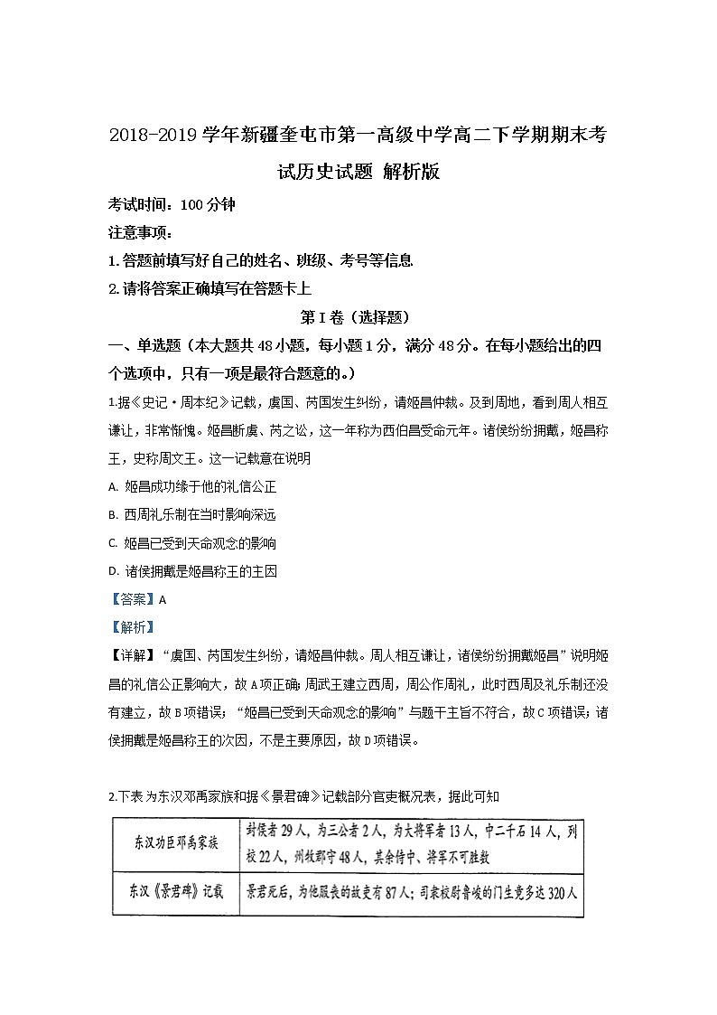 2018-2019学年新疆奎屯市第一高级中学高二下学期期末考试历史试题 解析版第1页