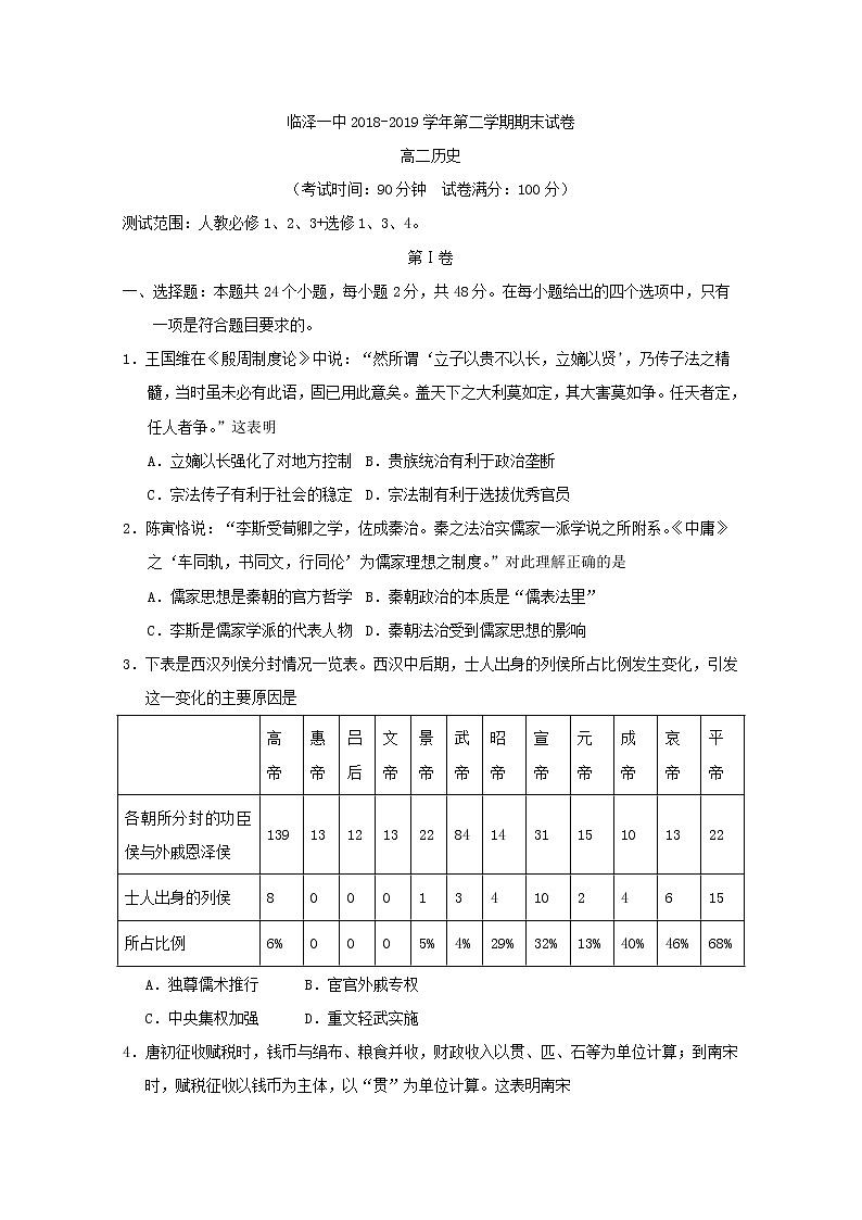2018-2019学年甘肃省张掖市临泽县第一中学高二下学期期末考试历史试题 Word版01